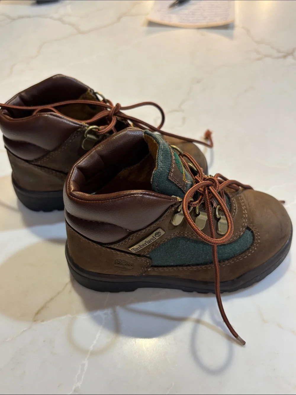 Timberland Kids Brown Leather Boots with Green Panels Size 8 Toddler